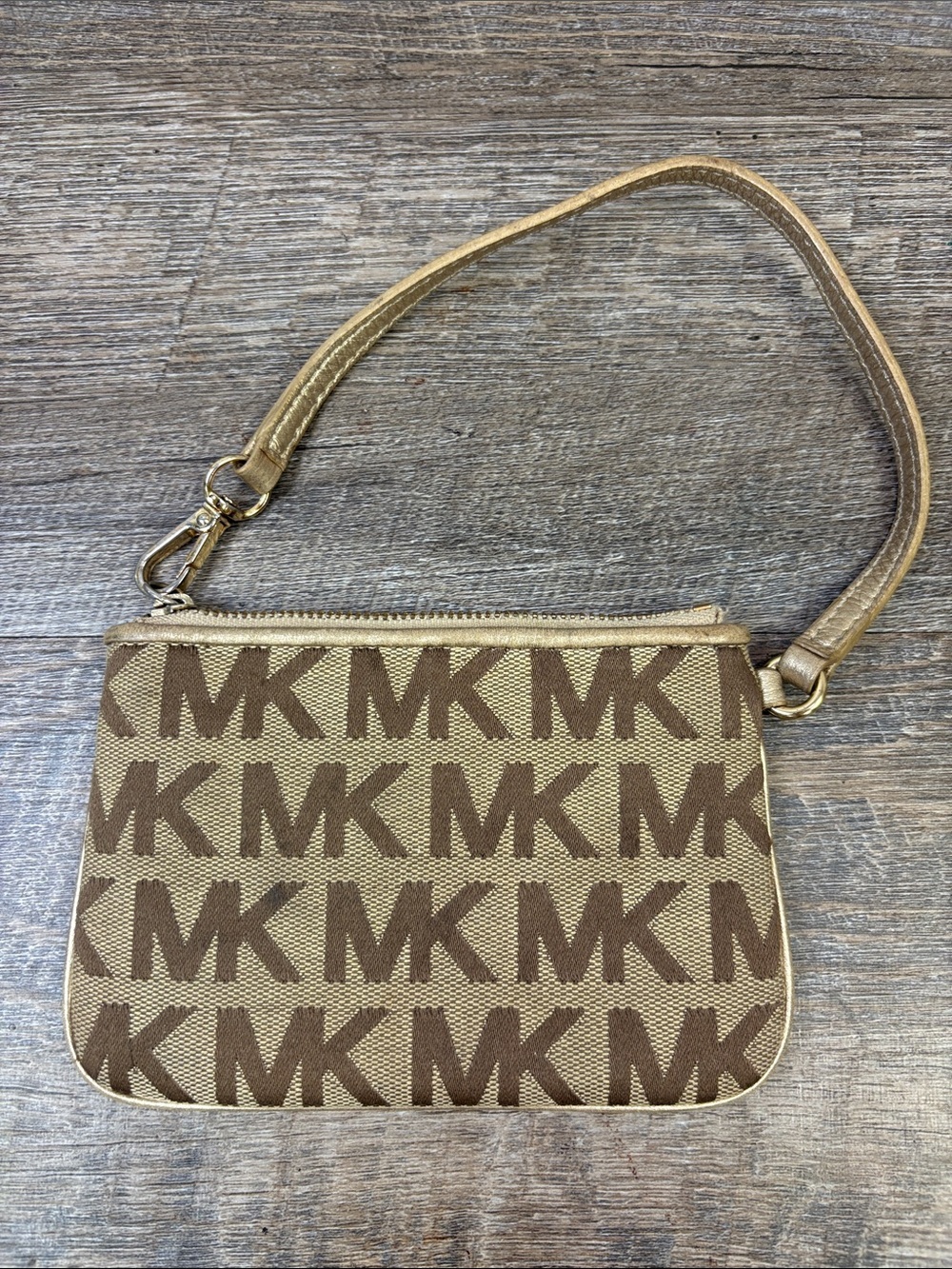 Michael Kors MK Logo Jacquard Wristlet Pouch Gold Beige